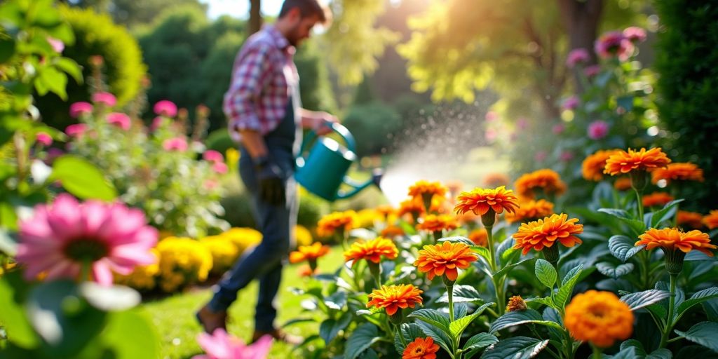 Gardener watering a lush, vibrant garden.