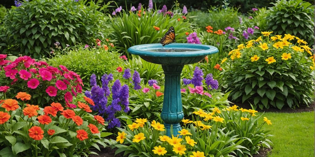 Lush garden with flowers, birdbath, and butterflies.